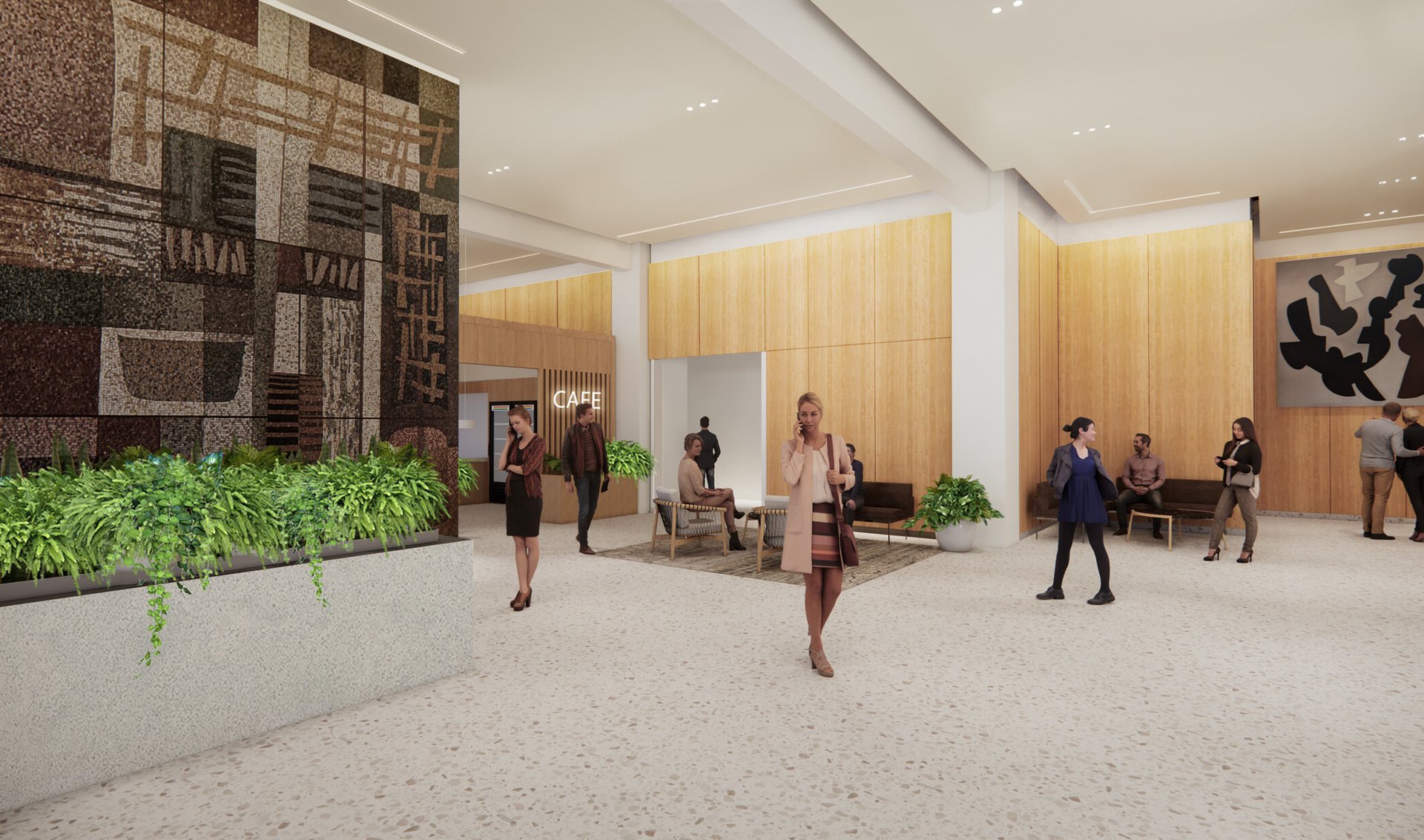 Entry lobby with the mosaic mural. Rendering: DLR Group