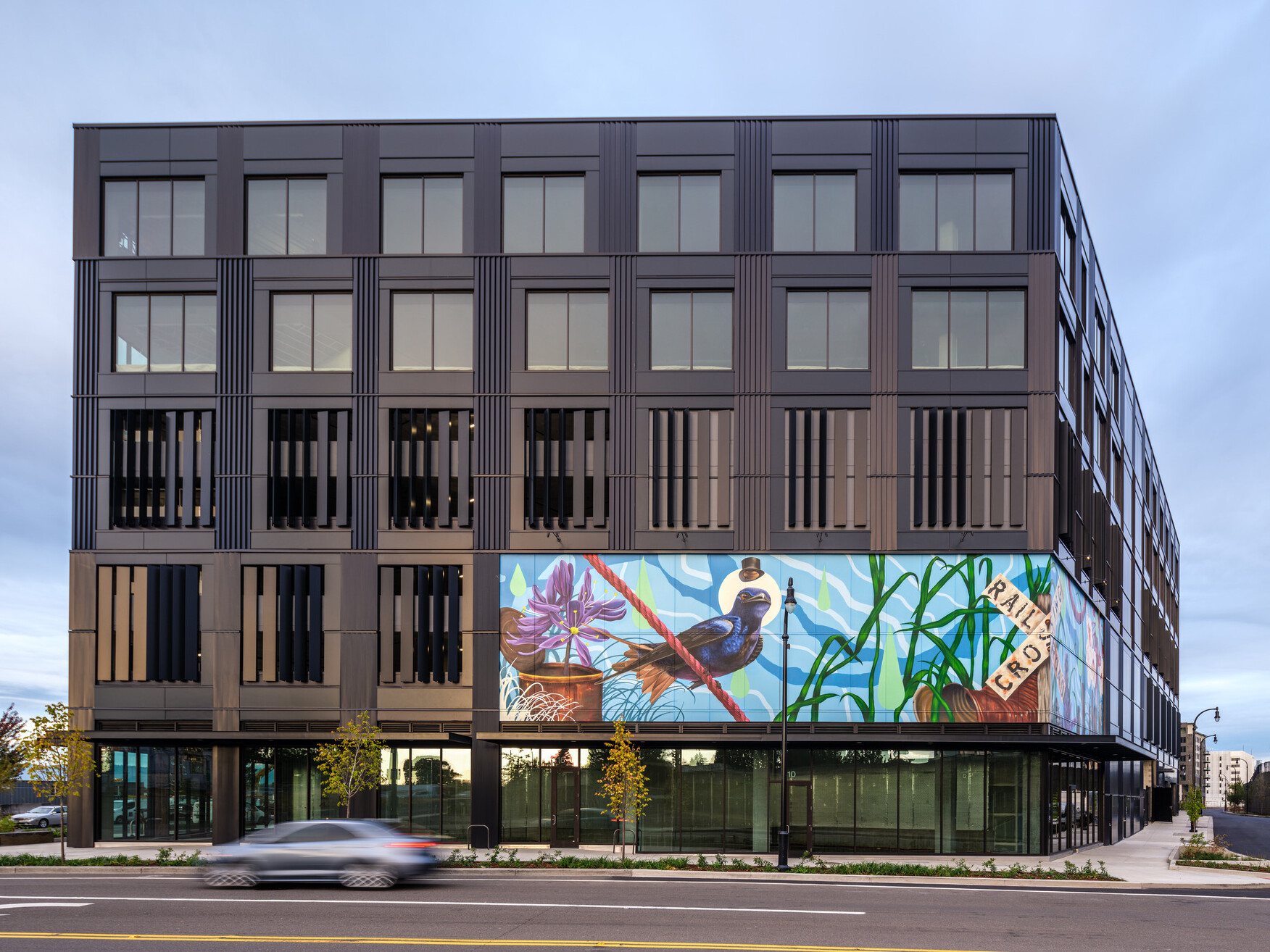 The parking structure with its public mural. Photo: DLR Group
