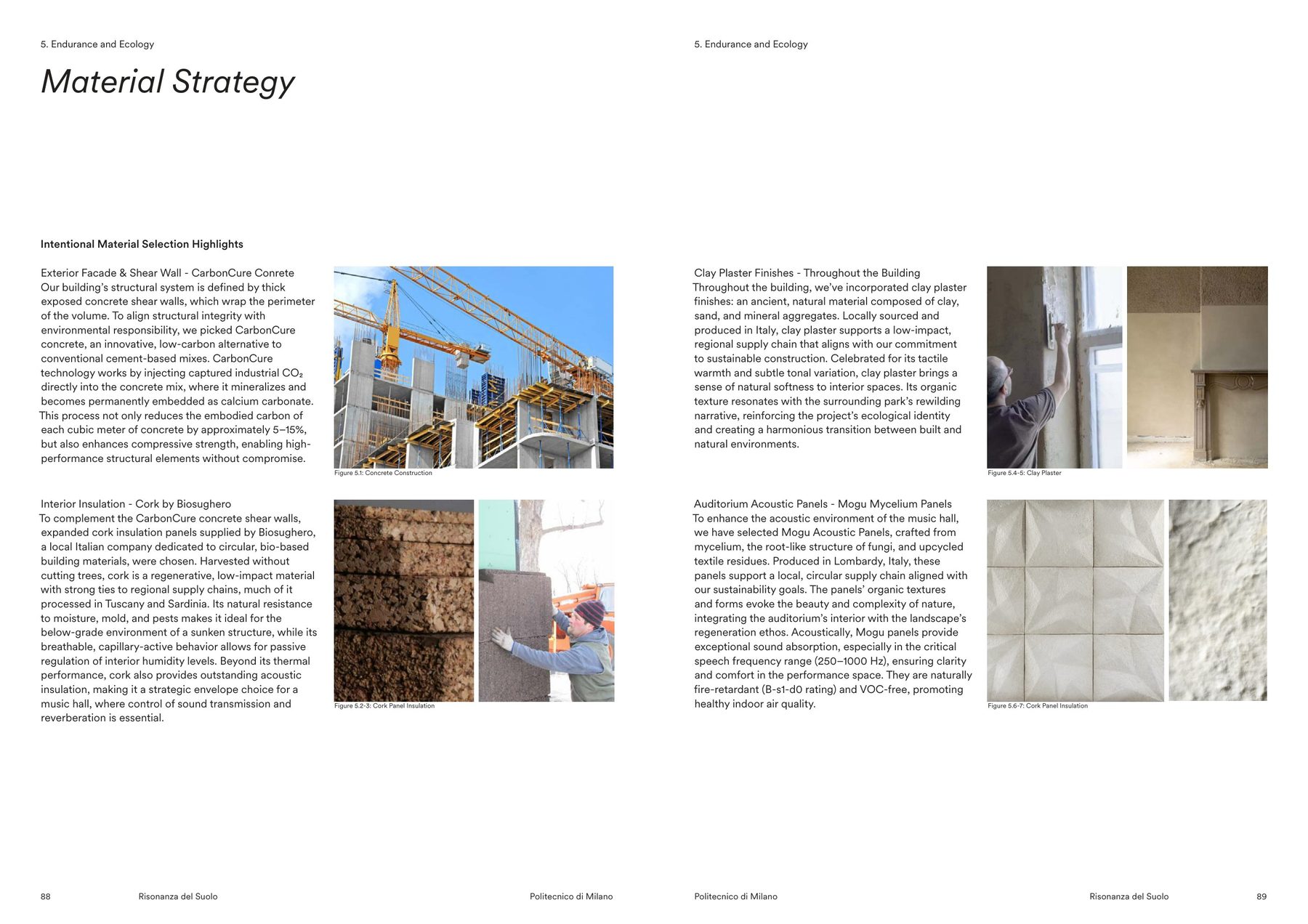 Material strategy: CarbonCure concrete, cork insulation, clay plaster, acoustic panels